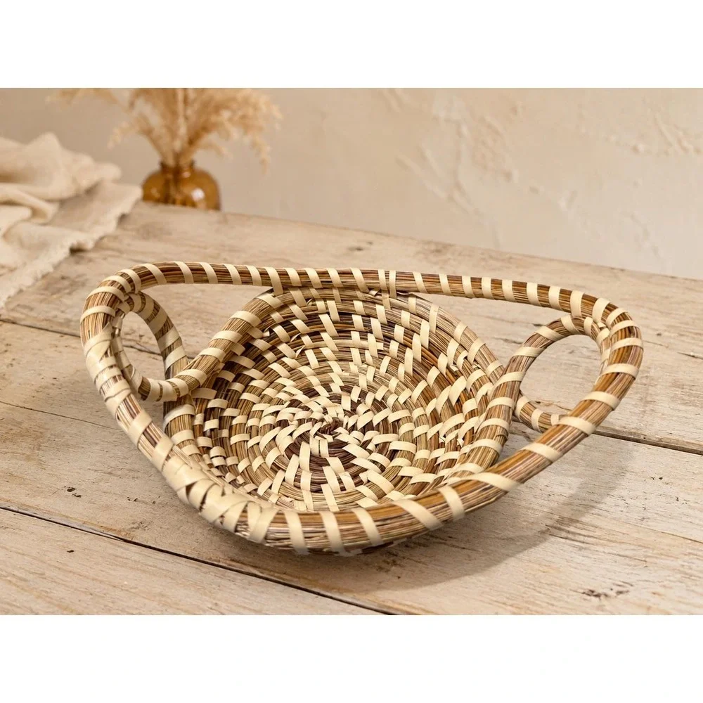 Vintage Gullah Sweetgrass Basket Coiled Lowcountry Folk Art Handwoven Handles
